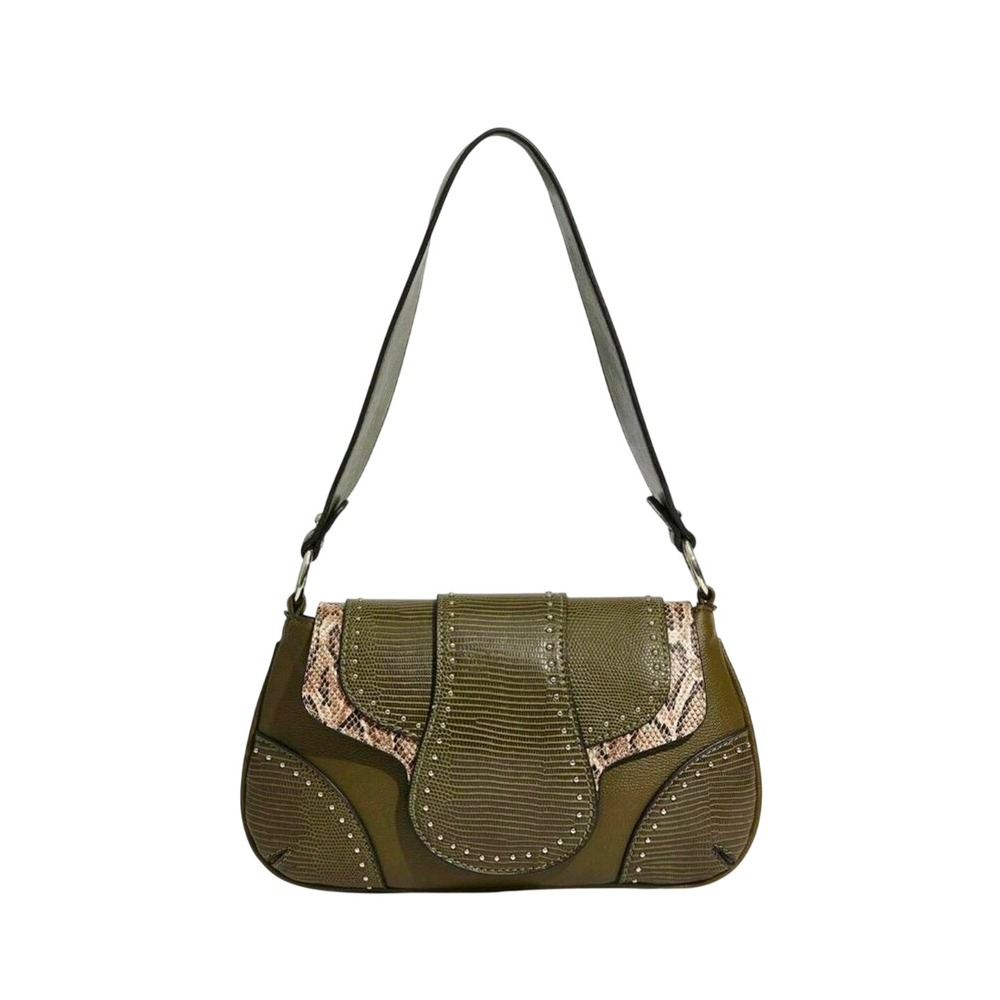 Chic Olive Green Snake Trim Shoulder Bag Studded Accents Adjustable Strap